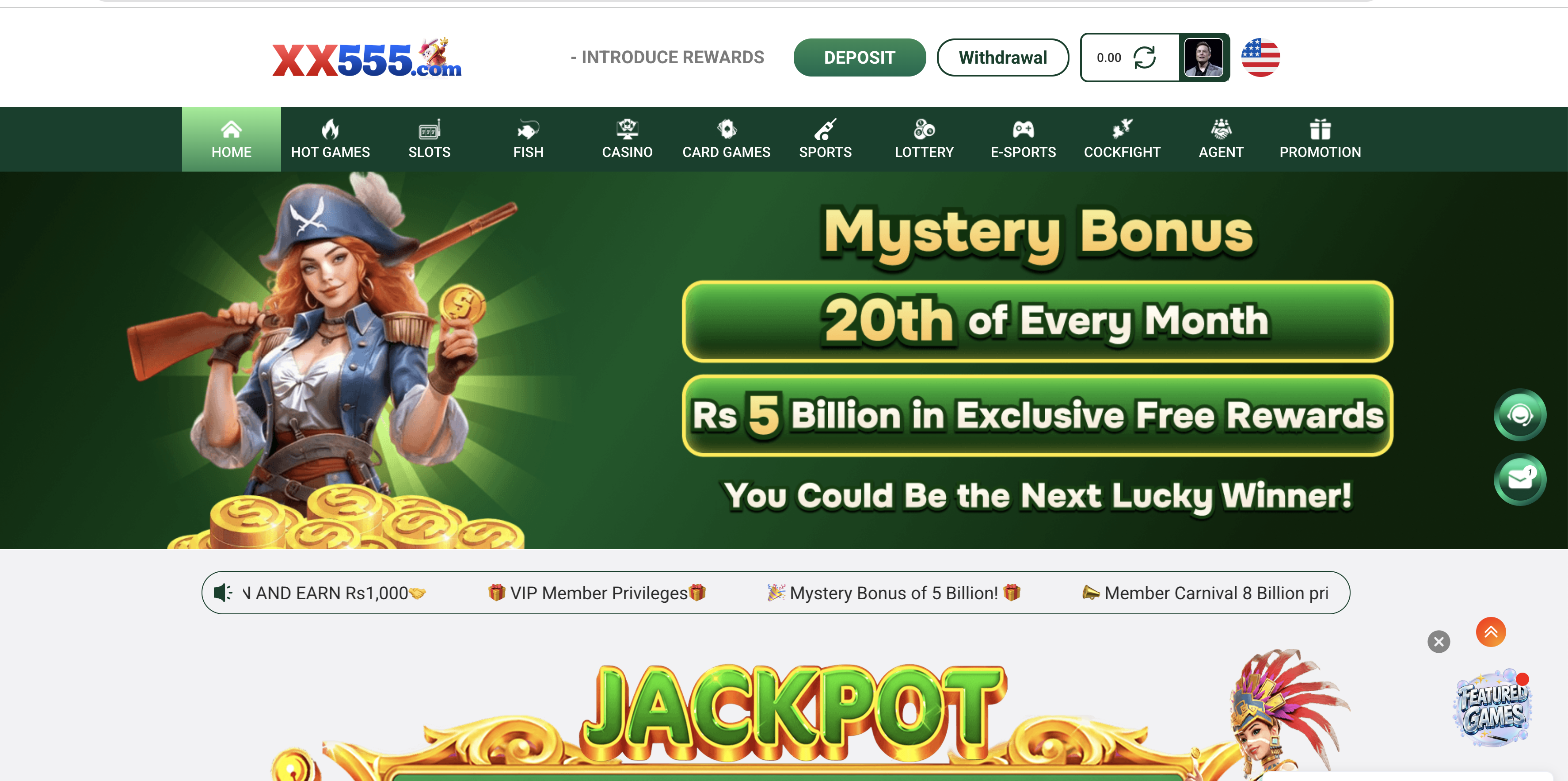 XX555.com homepage with Mystery Bonus promotion and game navigation Pakistan