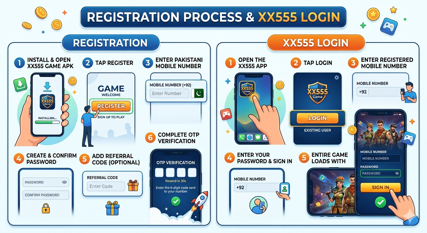 XX555 Game registration and login guide — install APK, register with Pakistani mobile number, OTP verification, and sign in steps