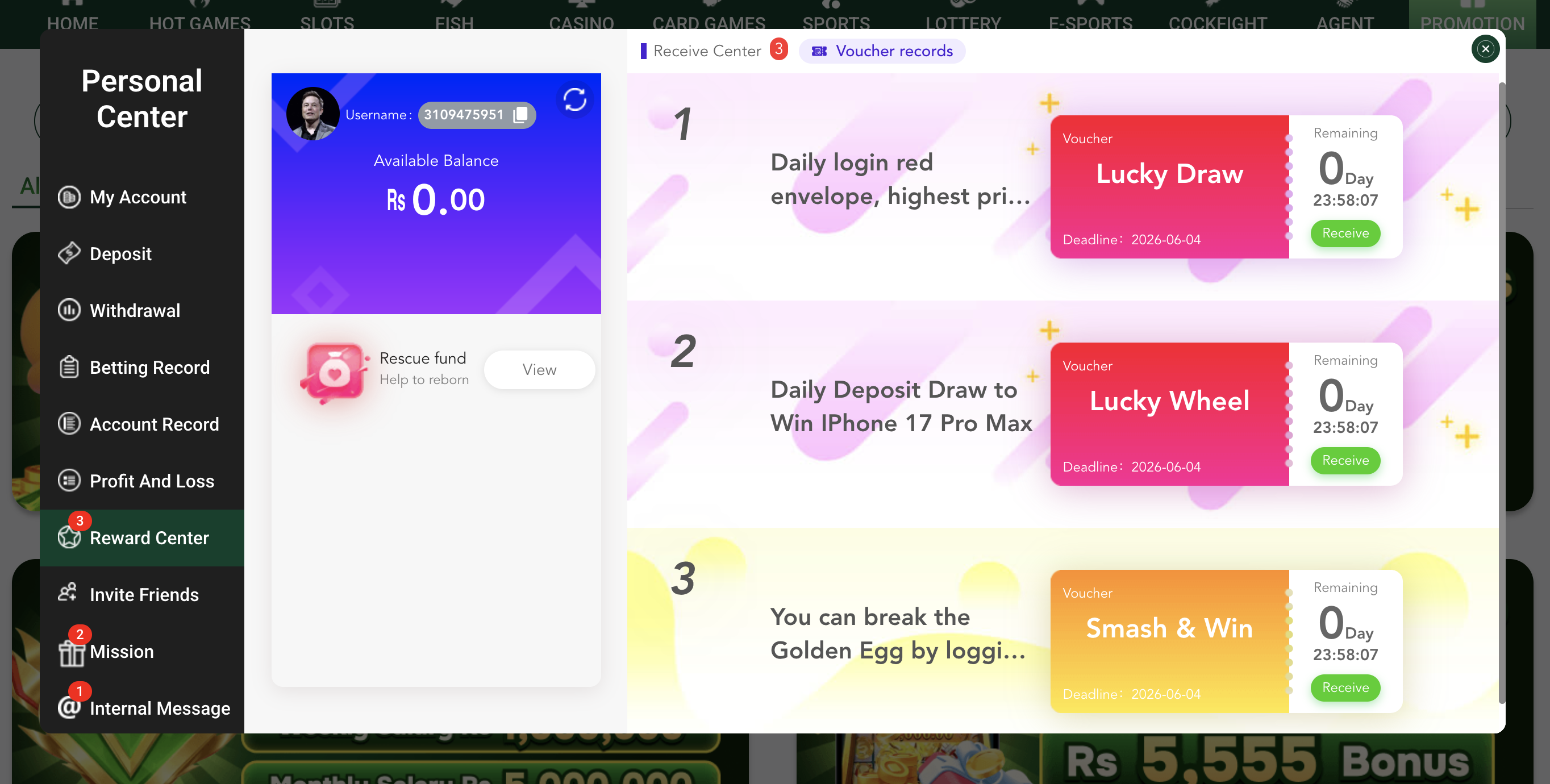 XX555 Game personal center with JazzCash wallet deposit withdrawal and rewards